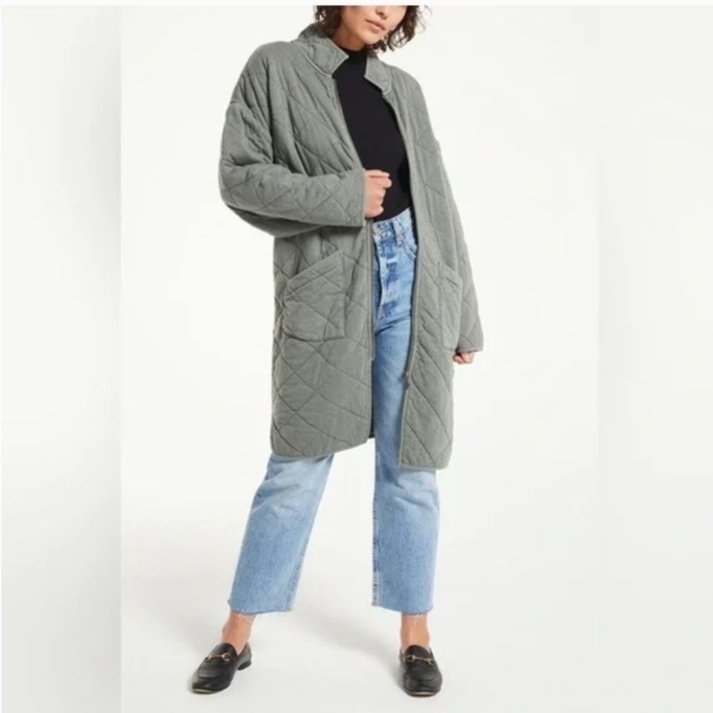Z Supply Quilted Longline Coat Jacket Sage Green Womens Med Pockets Minimalist